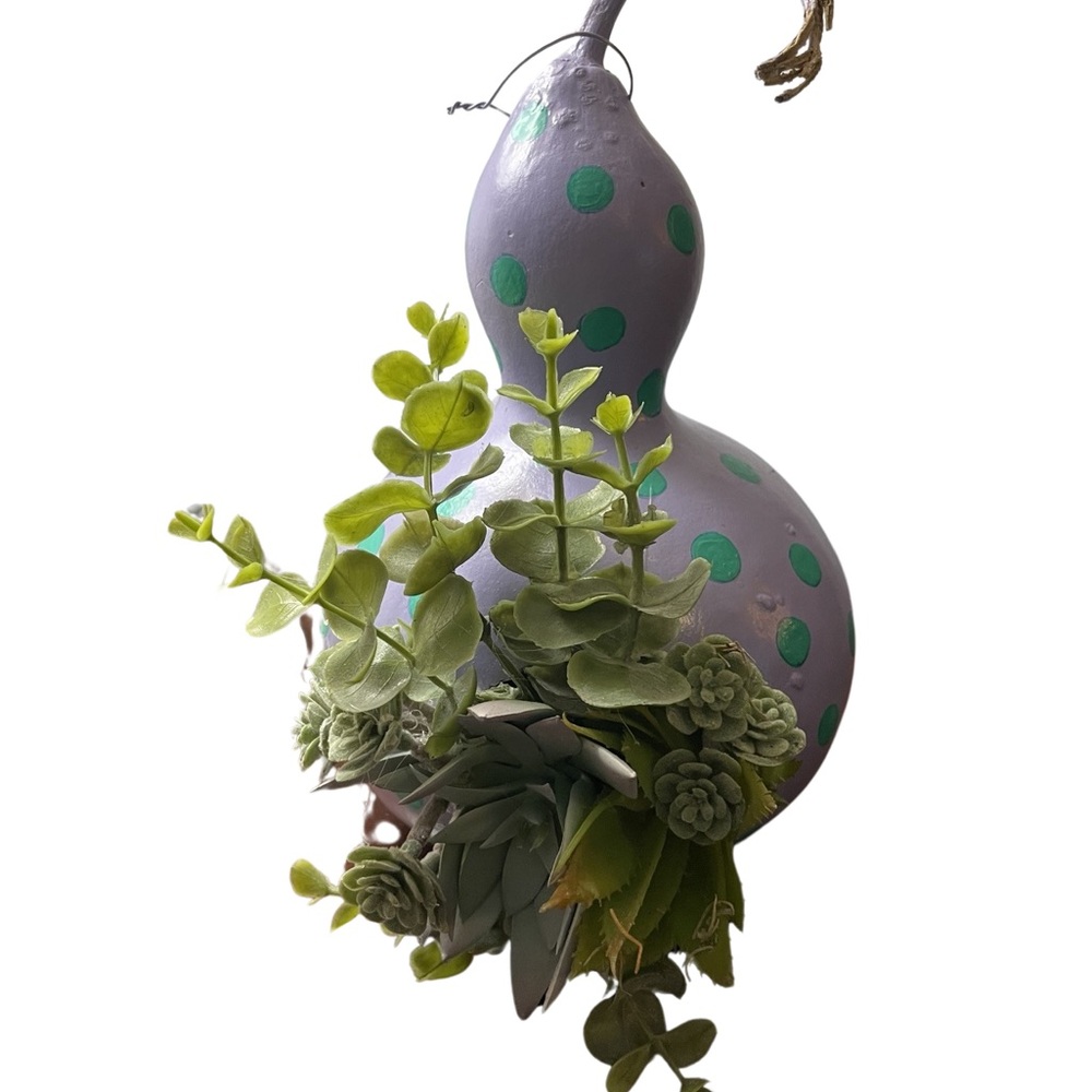 Hand crafted painted dried gourd planter purple aqua blue dots faux succulents - Picture 6 of 16
